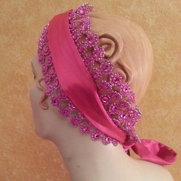 Pink Illusion Rhinestone Look Rose Satin Headpiece